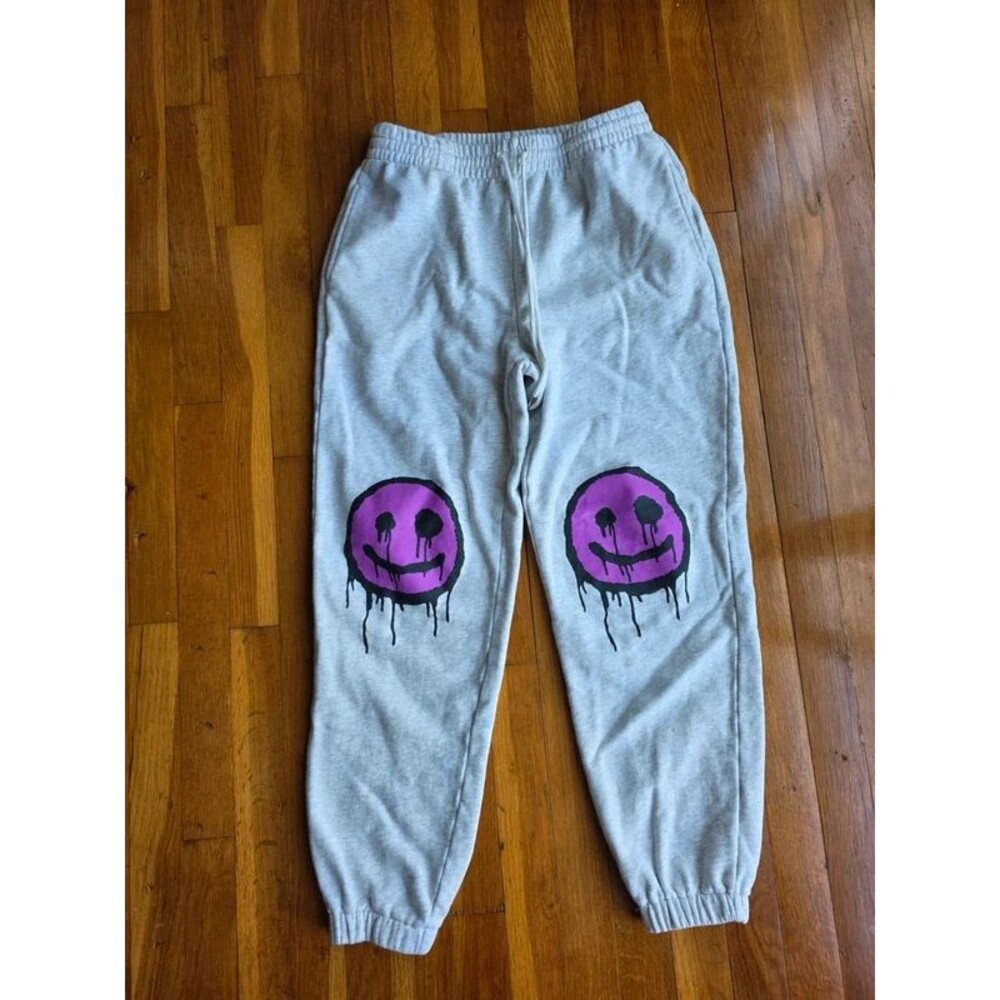 100% Cotton Y2K Graphic Streetwear - Drippy Purple Smiley Face Sweatpants Size M - Picture 2 of 7